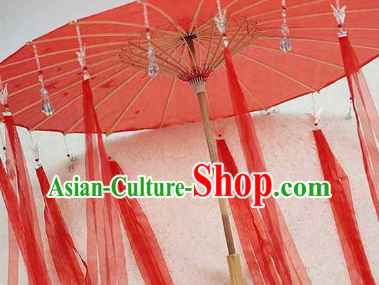 China Handmade Red Silk Umbrella Traditional Ribbon Tassel Umbrella