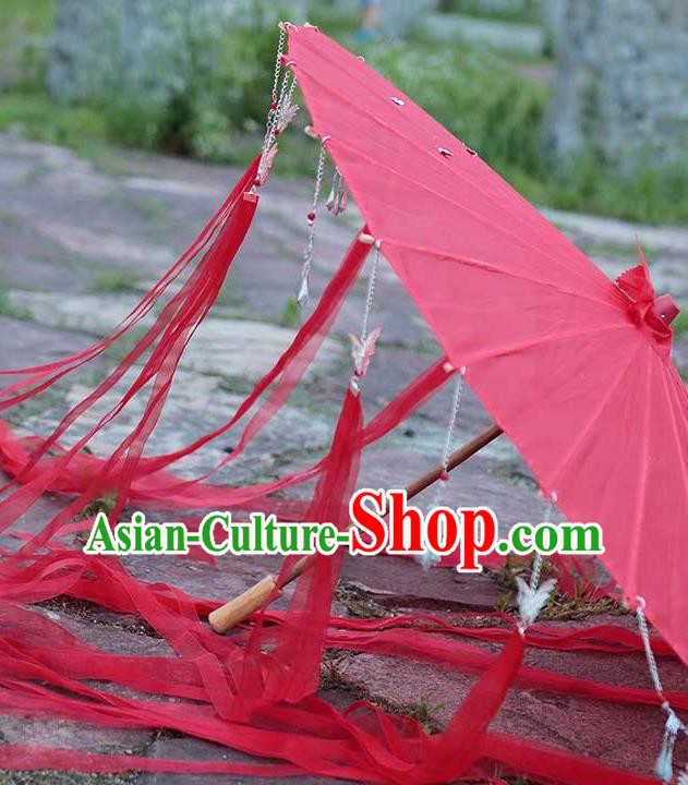China Handmade Red Silk Umbrella Traditional Ribbon Tassel Umbrella