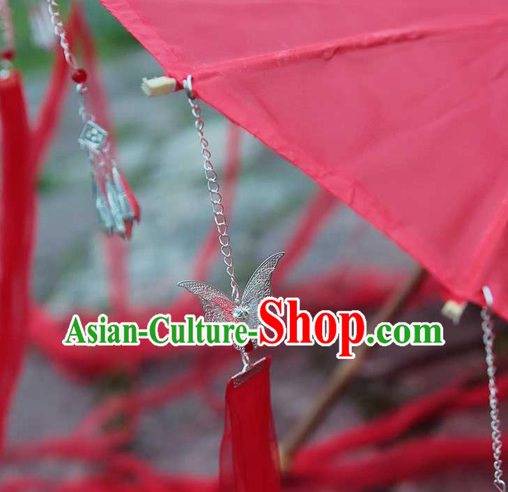 China Handmade Red Silk Umbrella Traditional Ribbon Tassel Umbrella