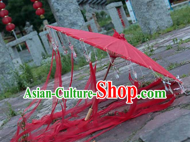 China Handmade Red Silk Umbrella Traditional Ribbon Tassel Umbrella