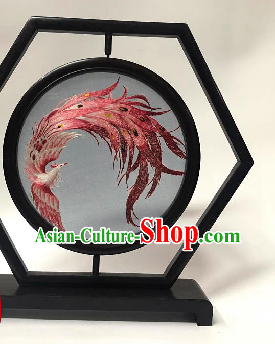 China Suzhou Embroidered Craft Handmade Wenge Ornament Traditional Embroidery Phoenix Table Screen
