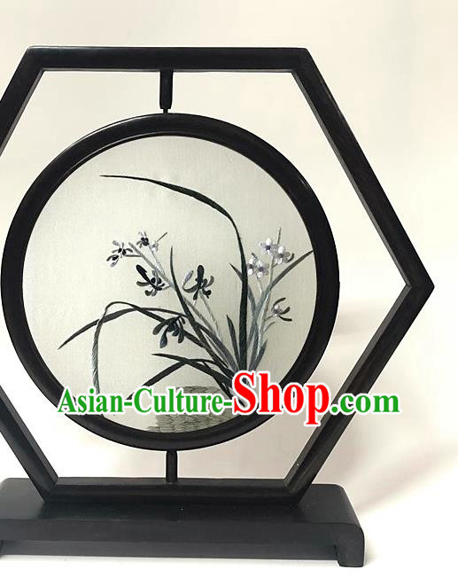 China Traditional Embroidery Orchids Craft Handmade Wenge Ornament Embroidered Table Screen