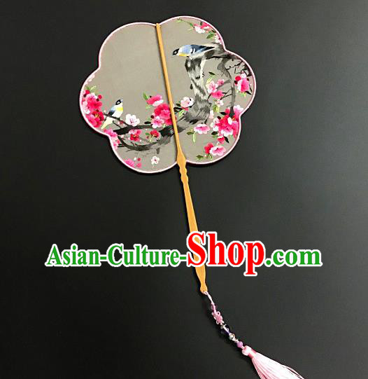 China Handmade Embroidered Plum Birds Palace Fan Silk Fan Traditional Suzhou Embroidery Hanfu Fan