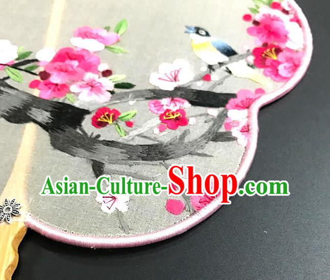 China Handmade Embroidered Plum Birds Palace Fan Silk Fan Traditional Suzhou Embroidery Hanfu Fan