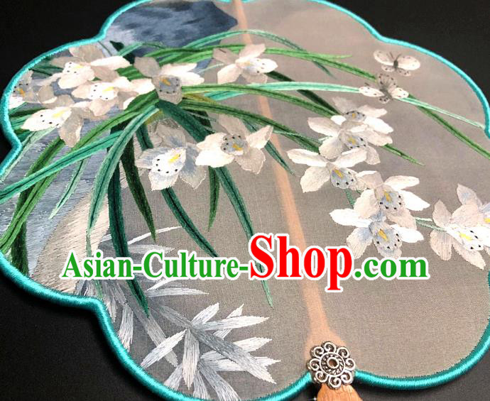 China Embroidered Orchids Silk Fan Handmade Palace Fan Suzhou Embroidery Craft Traditional Hanfu Fan