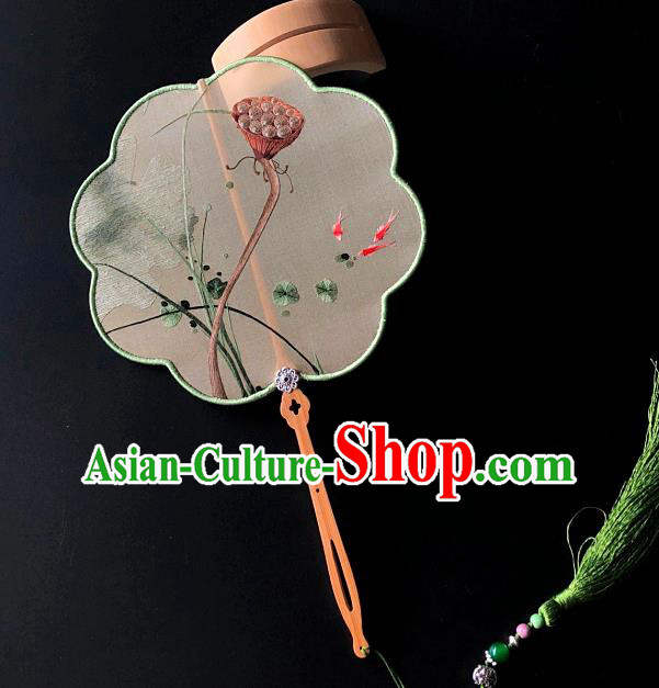 China Suzhou Embroidery Craft Handmade Palace Fan Traditional Hanfu Fan Embroidered Lotus Seedpod Silk Fan