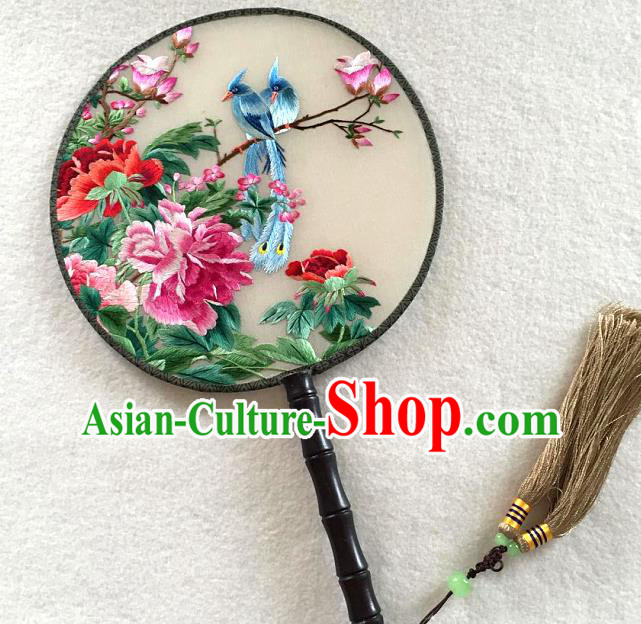 China Traditional Handmade Palace Fan Embroidered Peony Bird Silk Fan Hanfu Circular Fan