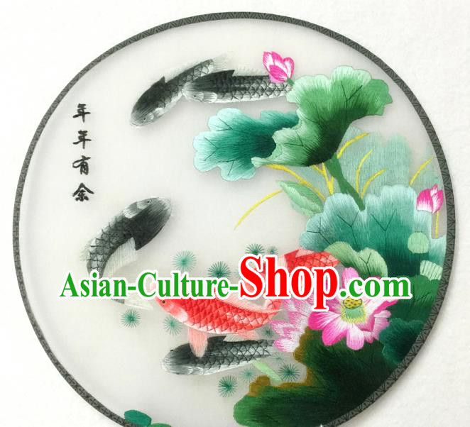 China Handmade Palace Fan Embroidered Lotus Fishes Silk Fan Traditional Hanfu Circular Fan