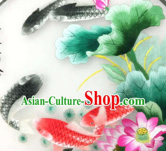China Handmade Palace Fan Embroidered Lotus Fishes Silk Fan Traditional Hanfu Circular Fan