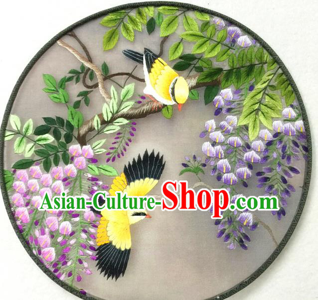 China Handmade Embroidered Wisteria Birds Palace Fan Traditional Hanfu Circular Fan Silk Fan
