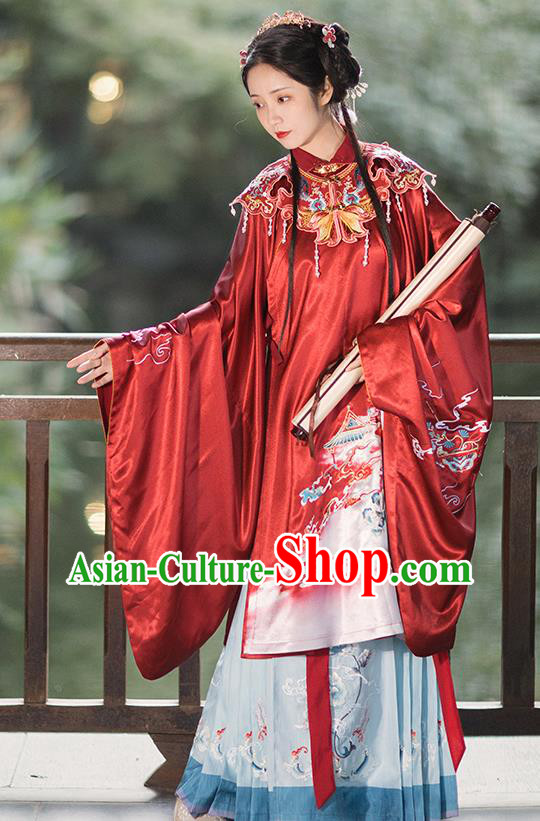 China Ancient Ming Dynasty Royal Princess Historical Clothing Traditional Hanfu Red Gown and Skirt Full Set