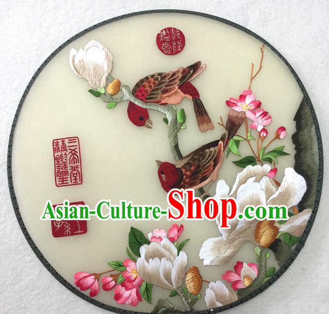 Handmade China Traditional Hanfu Circular Fan Embroidered Mangnolia Palace Fan Silk Fan