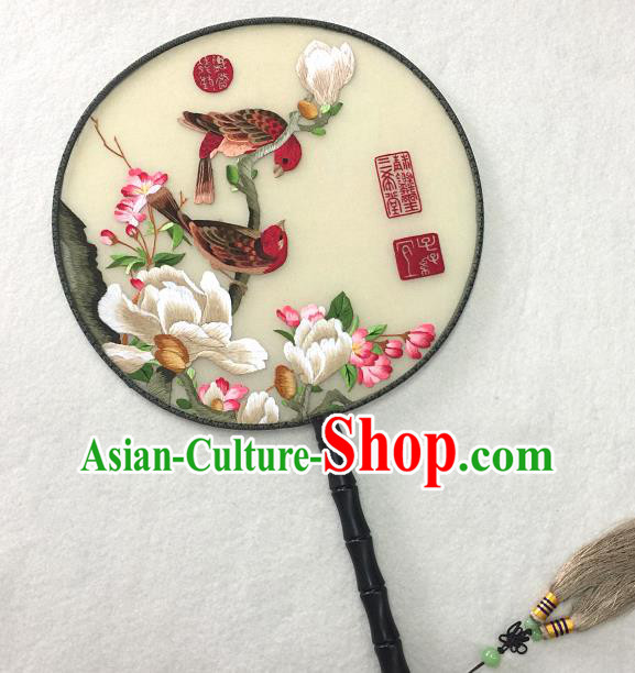 Handmade China Traditional Hanfu Circular Fan Embroidered Mangnolia Palace Fan Silk Fan