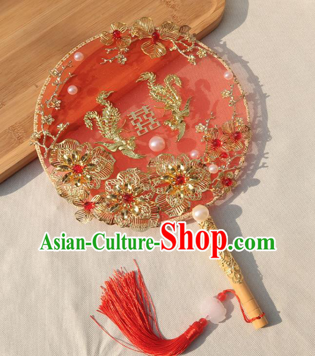 China Handmade Wedding Golden Phoenix Flowers Palace Fan Classical Dance Circular Fan Traditional Bride Red Silk Fan