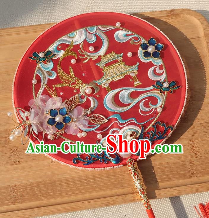 China Handmade Wedding Embroidered Palace Fan Classical Dance Circular Fan Traditional Bride Blueing Phoenix Silk Fan