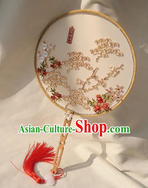 China Handmade Wedding White Palace Fan Classical Dance Circular Fan Traditional Bride Plum Blossom Silk Fan