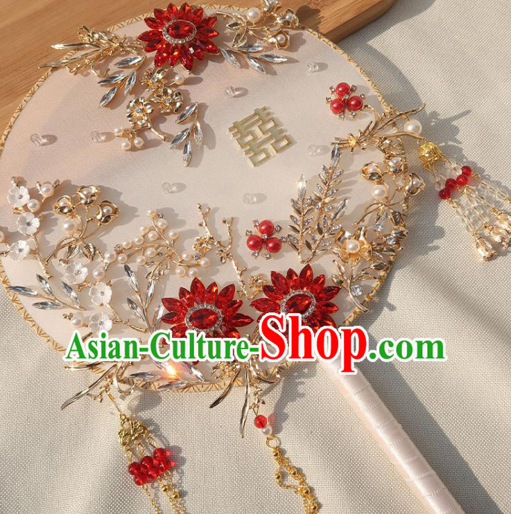 China Handmade Wedding Red Crystal Flowers Palace Fan Classical Dance Circular Fan Traditional Bride Pearls Silk Fan