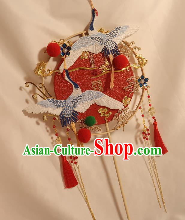 China Handmade Bride Palace Fan Classical Dance Red Circular Fan Traditional Wedding Embroidered Crane Fan