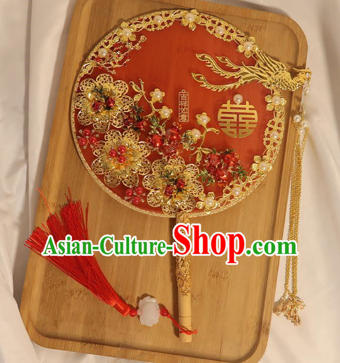 China Handmade Bride Golden Phoenix Palace Fan Traditional Wedding Circular Fan Classical Dance Pomegranate Fan