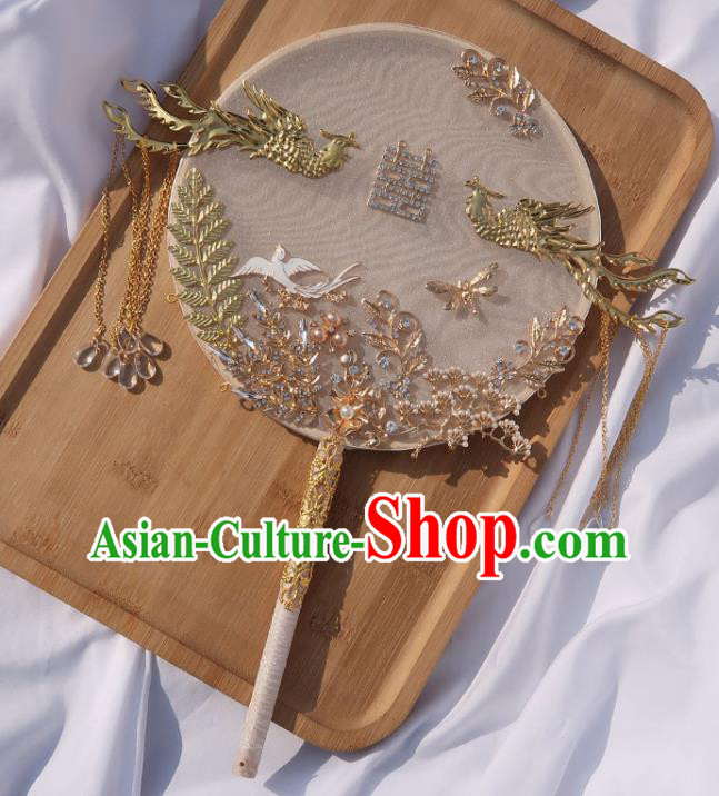 China Classical Dance Golden Phoenix Fan Handmade Bride Palace Fan Traditional Wedding White Silk Circular Fan