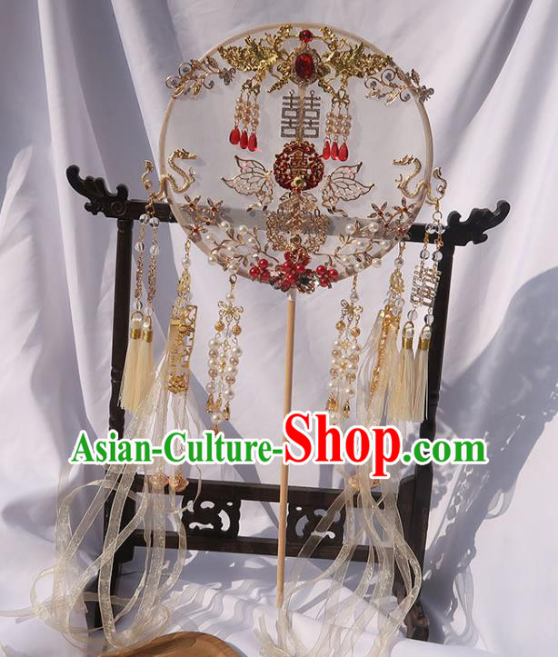 China Traditional Wedding Beige Ribbon Circular Fan Classical Dance Silk Fan Handmade Bride Palace Fan