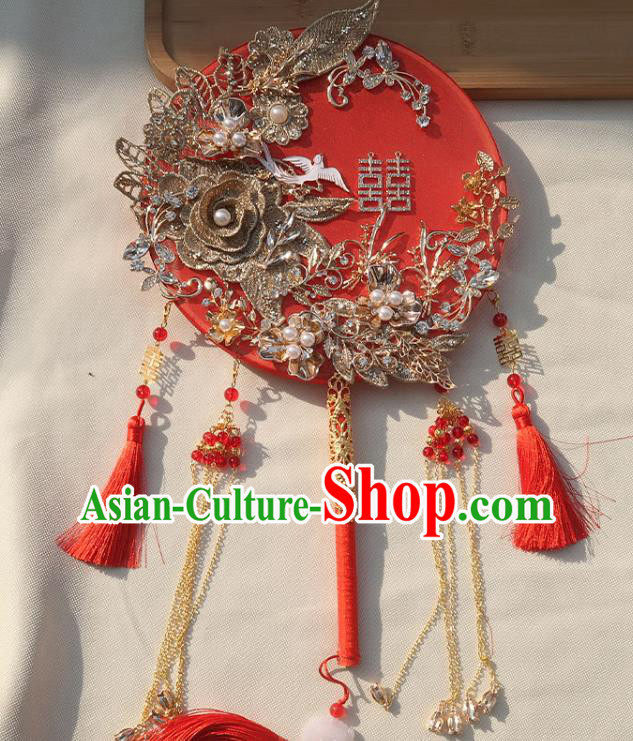 China Handmade Bride Golden Tassel Palace Fan Classical Dance Red Silk Fan Traditional Wedding Embroidered Peony Circular Fan