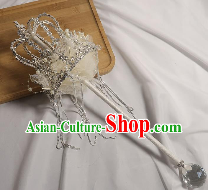 Handmade Queen White Crystal Sceptre Top Grade Wedding Bridal Bouquet Bride Royal Crown Cane