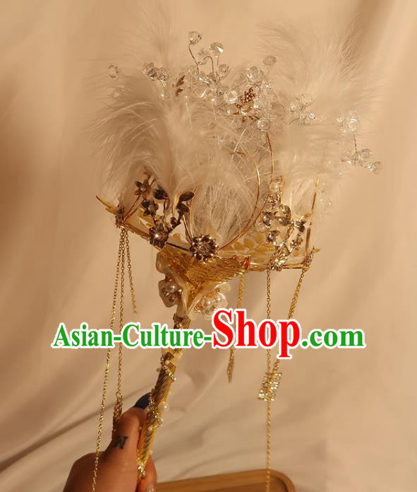 Handmade Queen Golden Sceptre Top Grade Wedding Bridal Bouquet Bride White Feather Cane