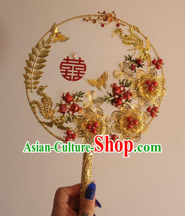 China Classical Dance White Silk Fan Handmade Bride Palace Fan Traditional Wedding Golden Peony Circular Fan