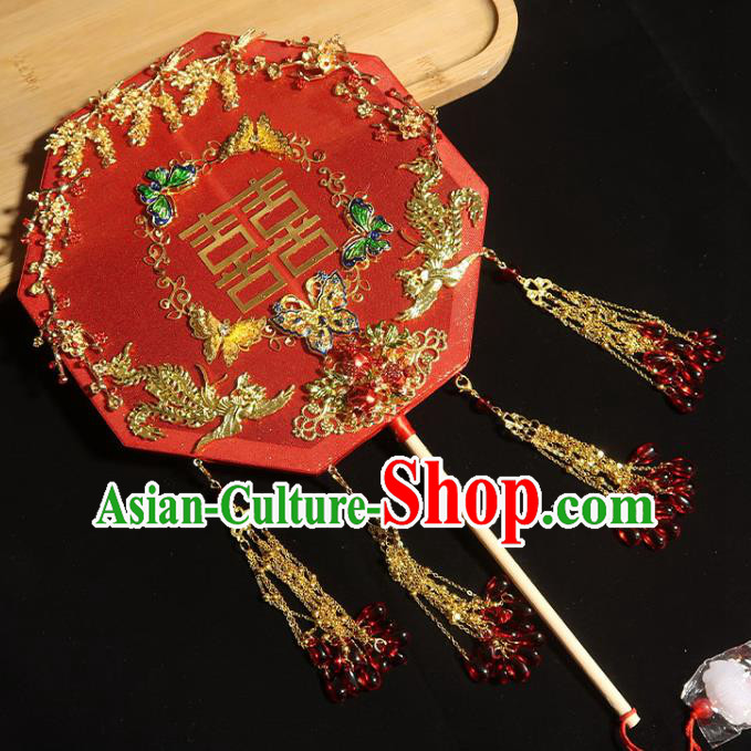 China Handmade Bride Red Beads Tassel Palace Fan Traditional Wedding Silk Fan Classical Dance Octagon Fan