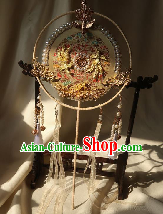 China Ancient Princess Circular Fan Traditional Golden Phoenix Palace Fan Handmade Hanfu Light Yellow Silk Fan