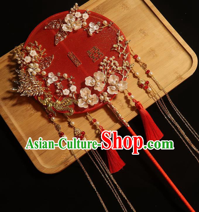 China Traditional Wedding Silk Fan Classical Dance Red Tassel Circular Fan Handmade Bride Shell Plum Palace Fan
