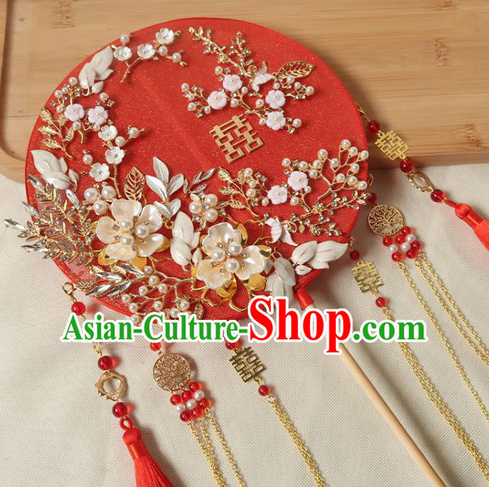 China Traditional Wedding Red Palace Fan Handmade Hanfu Fan Ancient Princess Plum Blossom Circular Fan
