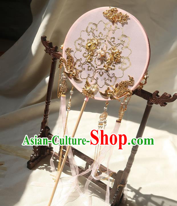 China Ancient Princess Pink Silk Circular Fan Handmade Hanfu Fan Traditional Wedding Ribbon Tassel Palace Fan