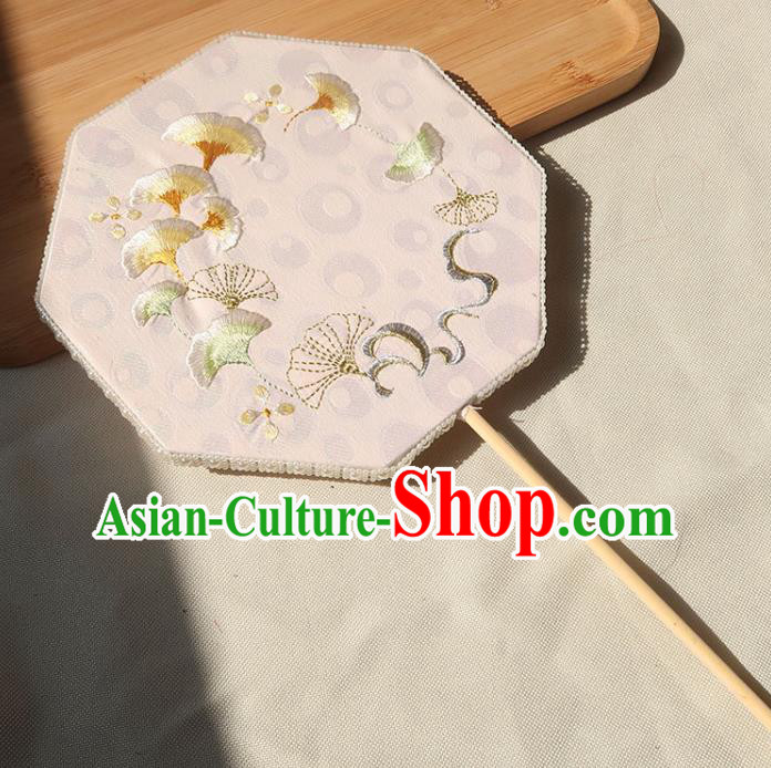 China Traditional Wedding Embroidered Ginkgo Palace Fan Ancient Princess Octagon Fan Handmade Hanfu Beige Silk Fan