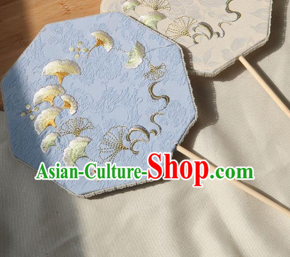 China Traditional Fan Ancient Princess Octagon Fan Handmade Hanfu Blue Silk Fan Wedding Embroidered Ginkgo Palace