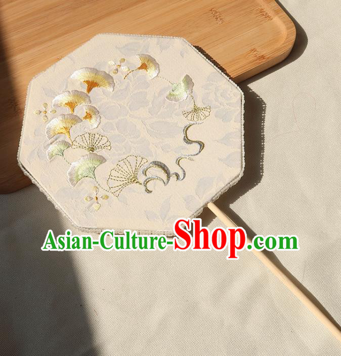 China Traditional Handmade Hanfu Beige Silk Fan Wedding Embroidered Ginkgo Palace Fan Ancient Princess Octagon Fan