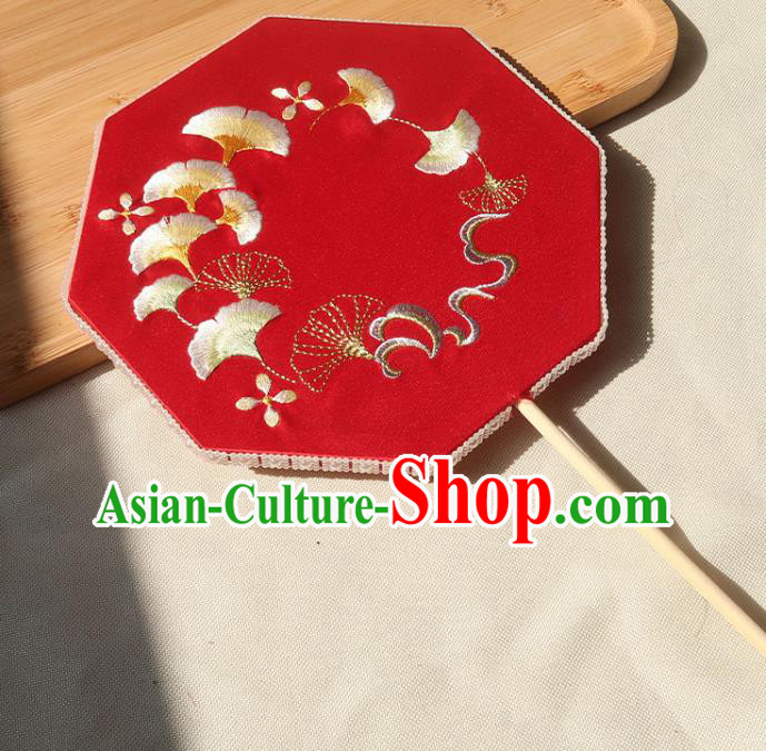 China Traditional Wedding Embroidered Ginkgo Palace Fan Ancient Princess Octagon Fan Handmade Hanfu Red Silk Fan