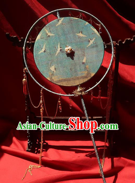 China Traditional Wedding Printing Cranes Palace Fan Ancient Princess Circular Fan Handmade Hanfu Green Silk Fan