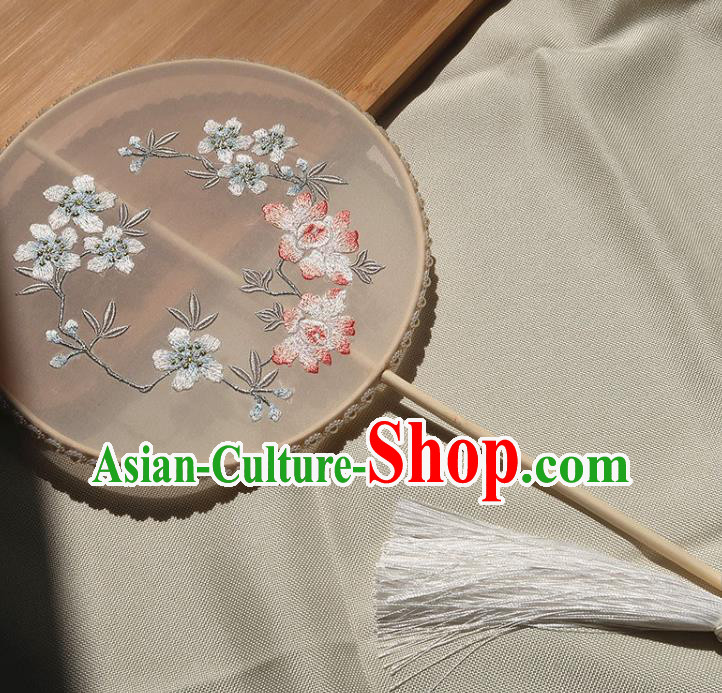 China Traditional Wedding Palace Fan Handmade Hanfu Light Pink Silk Fan Classical Embroidered Peach Blossom Circular Fan