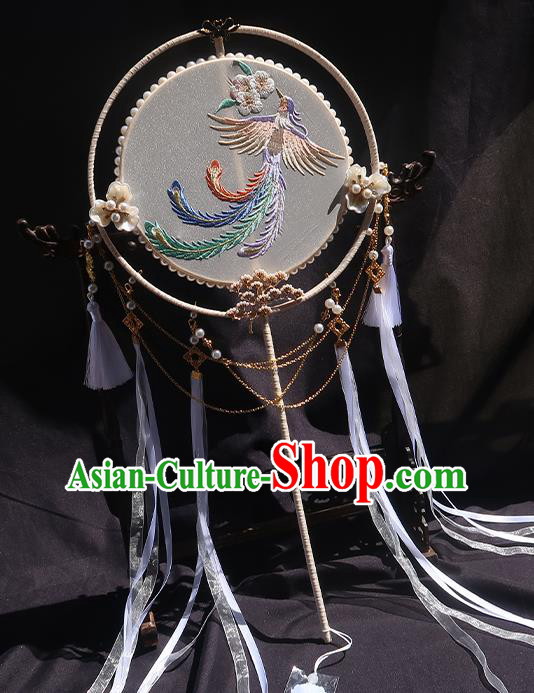 China Classical Embroidered Phoenix Circular Fan Traditional Wedding Palace Fan Handmade Hanfu White Silk Fan