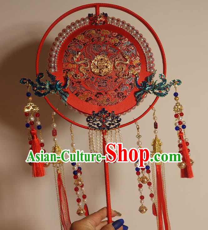 China Classical Dance Cloisonne Phoenix Circular Fan Traditional Wedding Red Silk Fan Handmade Bride Embroidered Palace Fan