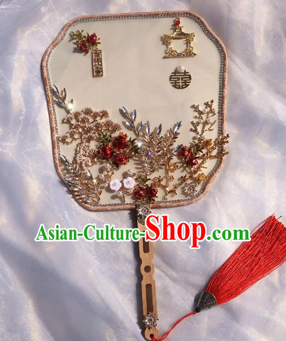 China Handmade Red Pomegranate Palace Fan Classical Hanfu Fan Traditional Wedding Silk Fan
