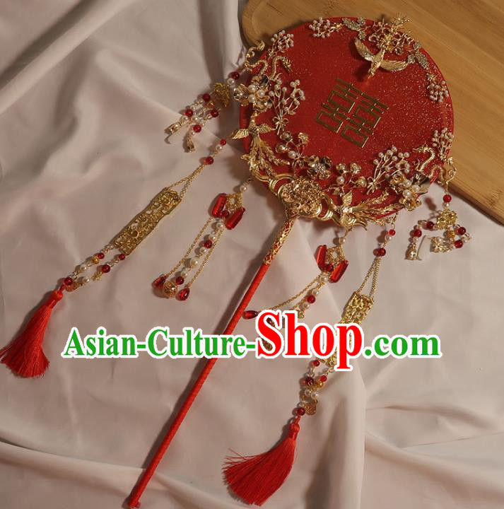 China Handmade Bride Palace Fan Classical Dance Circular Fan Traditional Wedding Red Silk Fan