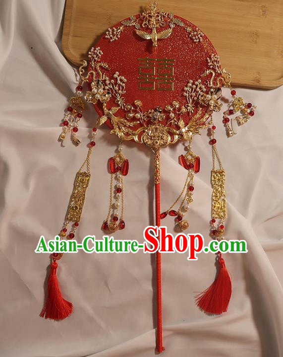 China Handmade Bride Palace Fan Classical Dance Circular Fan Traditional Wedding Red Silk Fan