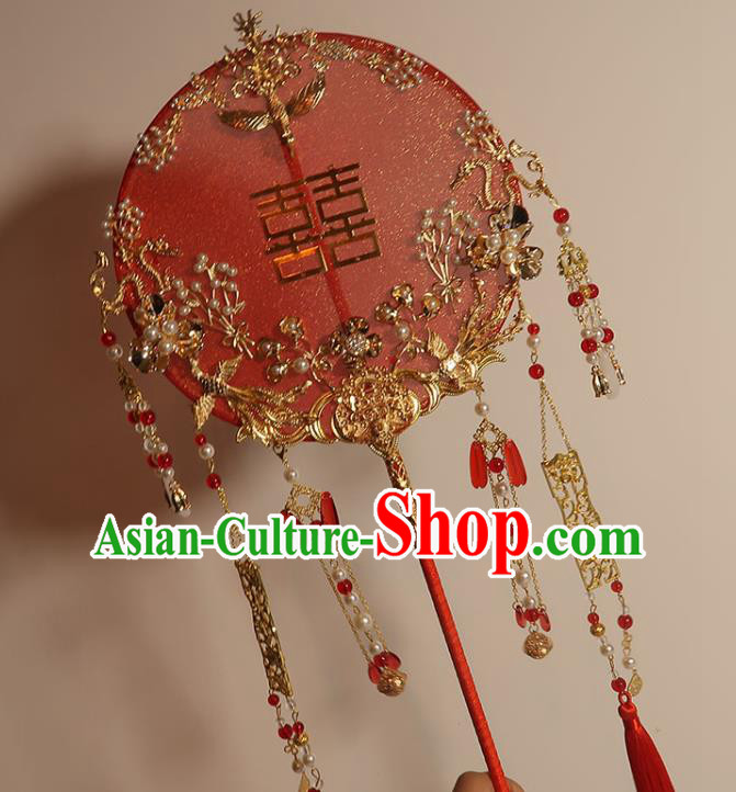 China Handmade Bride Palace Fan Classical Dance Circular Fan Traditional Wedding Red Silk Fan