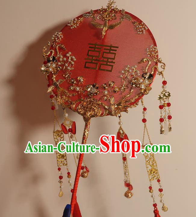 China Handmade Bride Palace Fan Classical Dance Circular Fan Traditional Wedding Red Silk Fan
