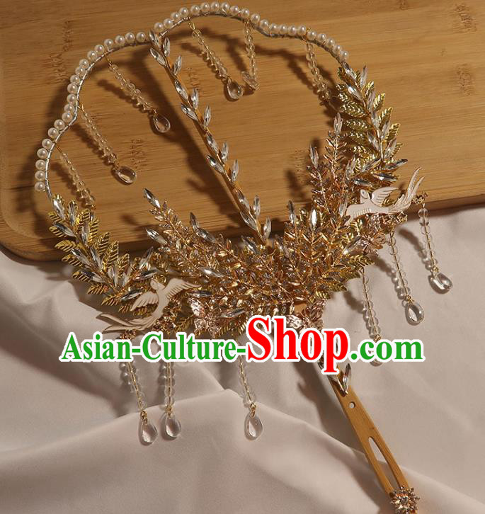 China Classical Dance Crystal Fan Handmade Bride Palace Fan Traditional Wedding Prop Beads Tassel Fan