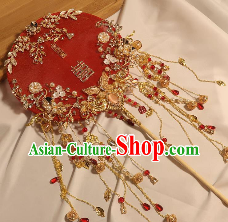 China Handmade Bride Red Silk Palace Fan Classical Dance Circular Fan Traditional Wedding Golden Butterfly Tassel Fan