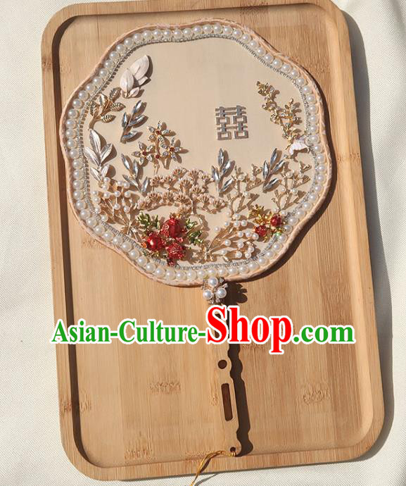 China Handmade Bride Red Pomegranate Palace Fan Traditional Wedding Pearls Fan Classical Dance Silk Fan